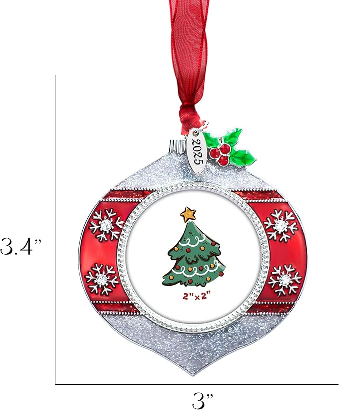 2025 Christmas Tree Ornament Picture Frame Metal Hanging Pendant Holiday 2" Photo Frame Charm Decorative of Pets, Baby First Christmas, Family (2025 Style 3)