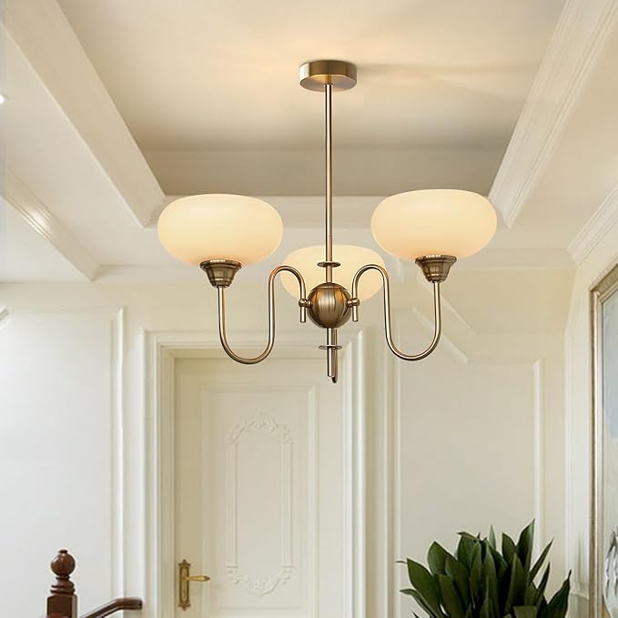 BOKT Modern Gold Globe Chandelier Light Fixture Mid Century 3-Lights Large Glass Sputnik Chandelier Pendant Light Anti Brass Sputnik Flush Mount Ceiling Light Vintage Kitchen Dining Light