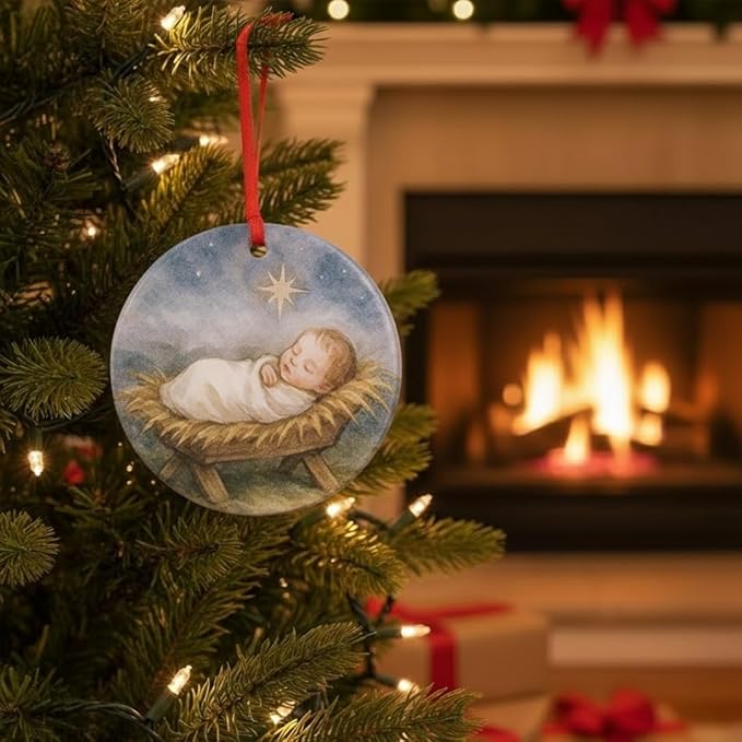 Baby Jesus Nativity Scene Acrylic Ornament - Traditional Catholic & Christian Christmas Decor, Religious Decorative Hanging Ornaments for Tree - Winter, Holiday, Baptism Gift