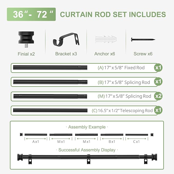 Sturdy Durable Curtain Rod:Black Curtain Rods for Windows 36-72 Inch,Adjustable Heavy Duty Curtains Rod for Bedroom/Kitchen/Dorm/Apartment/Door,Small Modern Decorative Drapery Rods (All-Metal)
