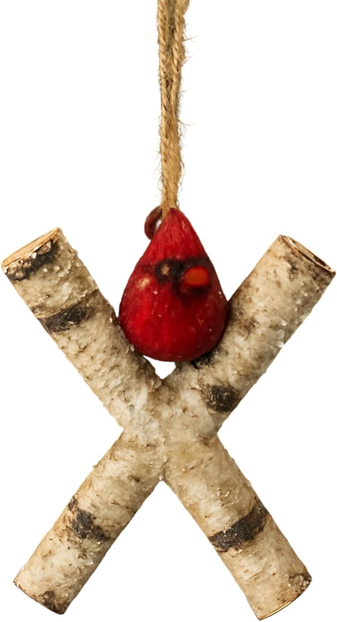 Rustic Cardinal Initial Letter Christmas Ornament – Birch Wood Look Hanging Alphabet Monogram Decoration for Holiday Tree & Winter Home Décor (X)