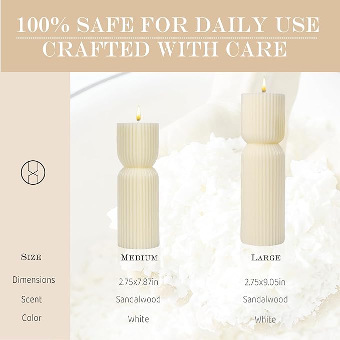 Large Hourglass Pillar Candles,2 Pack Sandalwood Scented Handmade Pillar Candles,Natural Soy Wax,Smokeless,Cream White Elegant Candle for Meditation,Shelf & Table Decor Housewarming Gift