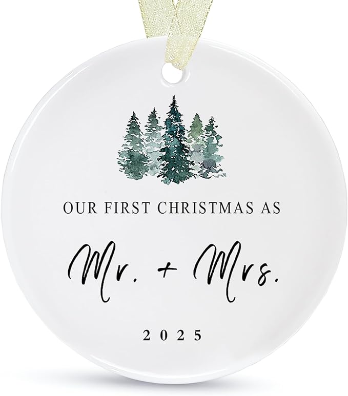 First Christmas as Mr and Mrs Ornament 2025,1st Year Wedding Ornament for Newlywed,Our First Married Christmas Ornament,Ceramic Hanging Decoration for Couples Just Married with Gift Box&Ribbon (2.9"