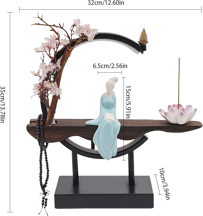Backflow Incense Burner, Chinese Style Peach Blossom Incense Holder with LED Light, Ceramic Incense Cone Burner Home Decor for Office/Living Room