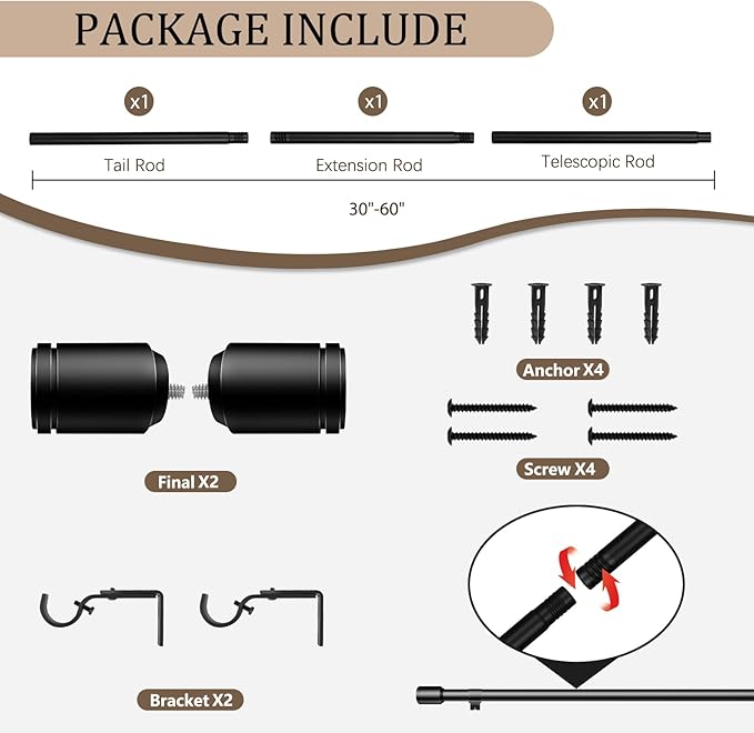 1” Diameter Black Curtain Rods for Windows, 1 Pack 30-60 Inch Heavy Duty Window Rods, Long Adjustable Curtain Rod, Fits Most Standard Windows, Suitable for Bedroom, Living Room, Farmhouse