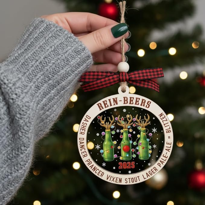 Rein-Beer 2025 Christmas Tree Ornaments - Beer Lovers Gifts for Women, Men Drinker - Best White Elephant Prank Ornaments - Gifts for The Beer Drinker - 2 Layers Wood Acrylic Ornament
