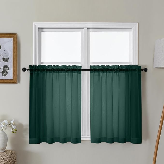 Gwine Hunter Green Sheer Curtains 30 Inch Length, Short Light Filtering Voile Small Cafe Kitchen Curtains with Rod Pocket, Short Curtain for Bathroom Window, 42x30 Inch, 2PCS