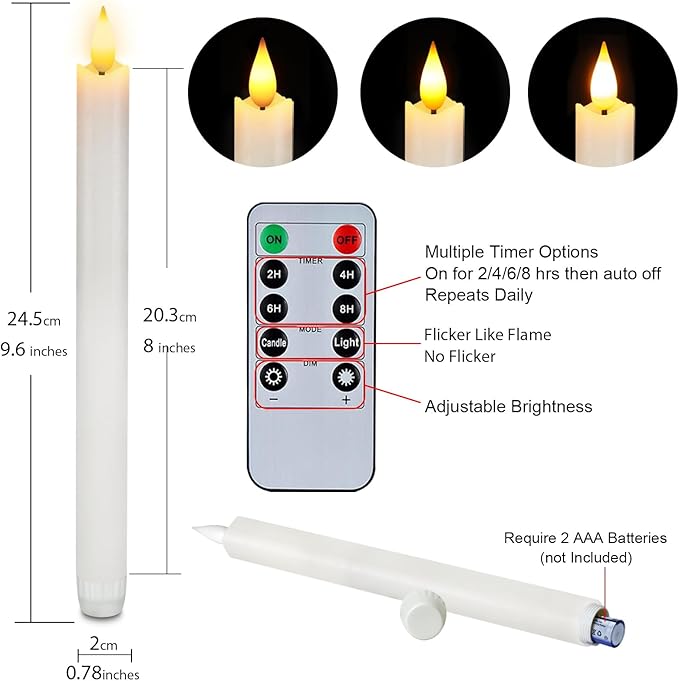Homemory 6 Pcs Wax Flameless Taper Candles with Remote Timer and Dimmer, White Candle Sticks Battery Operated, LED Window Candles with Flickering Light, 9.6 Inches for Wedding Home Indoor Decoration