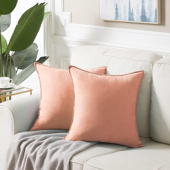 Fancy Homi 22x22 Pillow Covers, Pack of 2 Peach Throw Pillow Covers, Super Soft Faux Suede Square Solid Coral Cushion Cover for Couch Sofa Bedroom Living Room 55x55 cm