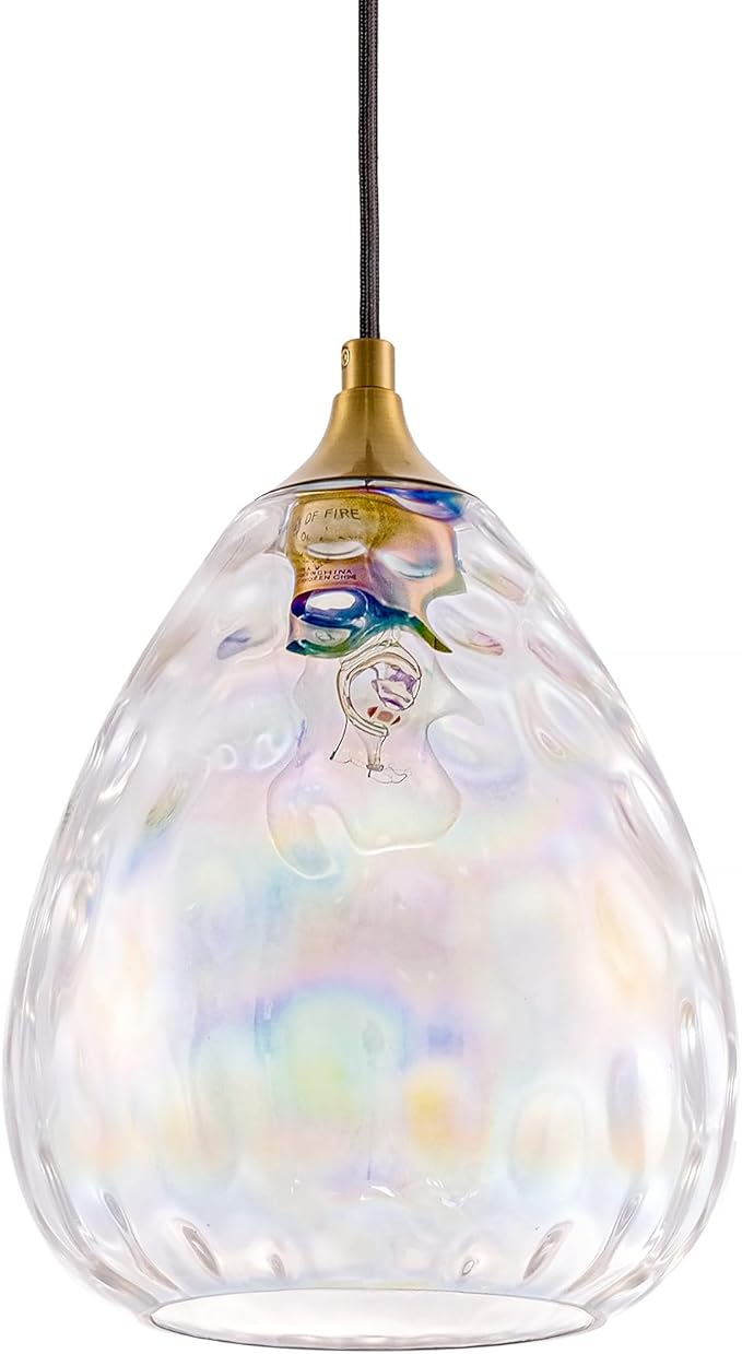 Gold Pendant Lighting with Stained Hammered Glass Shade, 1-Light Art Deco Hanging Lamp for Kitchen Island, Dining Room, Bedroom (Colorful Glass Shade)