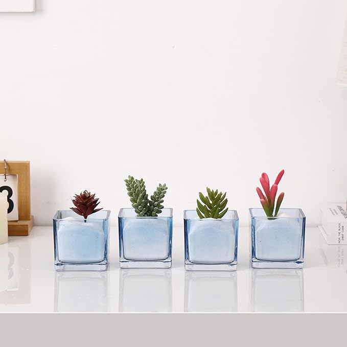 Square Vases Set of 6, 3"x 3"x 3" Glass Vases for Flowers, Square Flower Vase for Centerpieces, Small Blue Vase for Wedding, Party, Home Office Decoration
