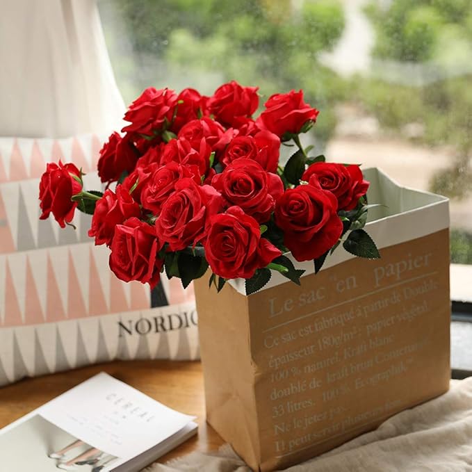 Nubry Artificial Silk Rose Flower Bouquet Lifelike Fake Rose for Wedding Home Party Decoration Event Gift 10pcs (Red)