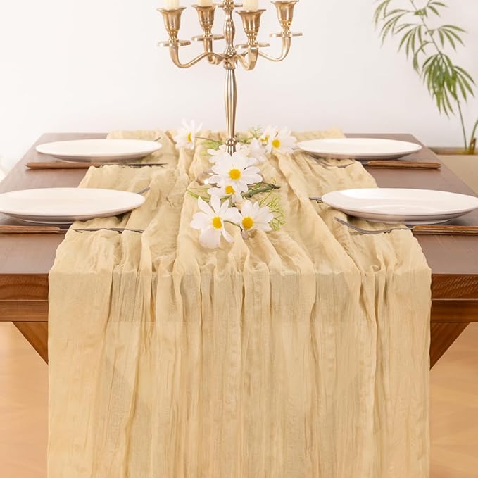 Socomi 6pcs Gold Champagne Cheesecloth Table Runner Valentine's Day Boho Rustic Gauze 120 inch 10FT Cheese Cloth Runner for Wedding Party Baby Shower Birthday Home Decor Holiday Decorations