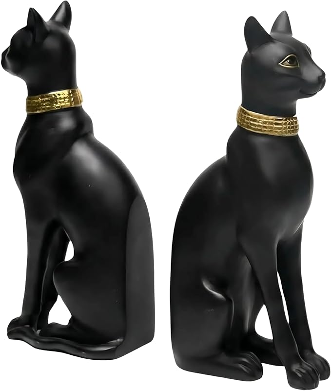Comfy Hour 9" Egyptian Black Cat Bastet Bookends, Unique Decorative Ancient Goddess Statues for Shelves, Cat Book Ends, Vintage Ancient Novelty Home Office Decor, 1 Pair, Cat Lover Gift, Bast, Pharaoh