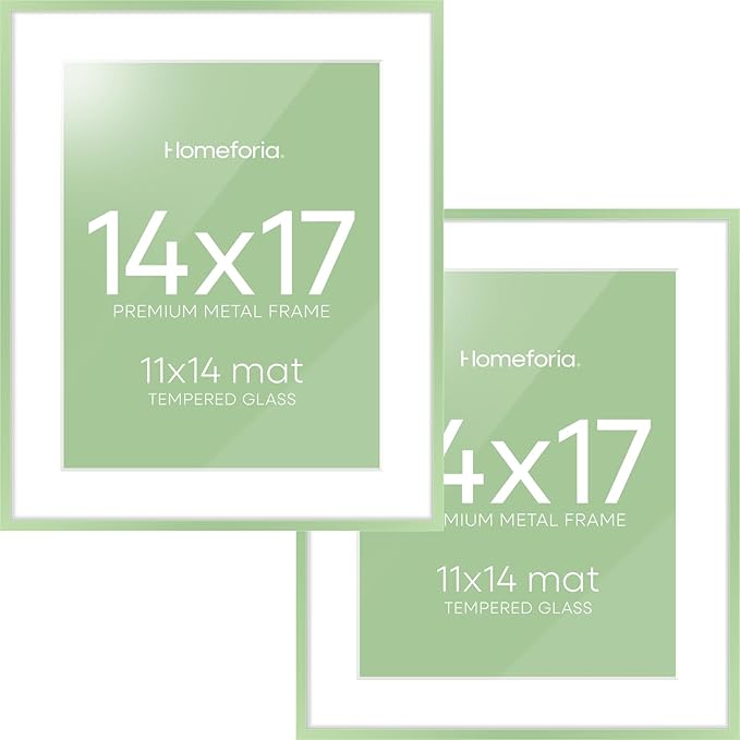 Homeforia 14x17 Picture Frame Sage Green, High End Metal 14x17 Poster Frames with Mat 11x14 inch Photo, 14 x 17 Sage Green Frame Matted to 11 by 14 Art, 17x14 Frame, Tempered Glass, Wall Kit, Set of 2