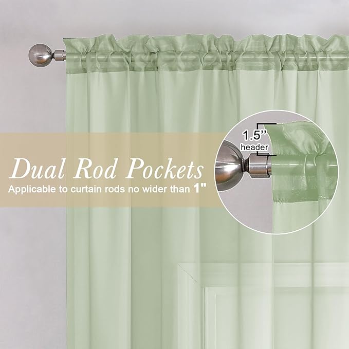 Lecloud Light Green Sheer Curtains 96 Inches Long 2 Panels, Modern Light Filtering Breathable Curtain, Gauzy Stylish Home Decor Drapes with Rod Pocket for Living Room Bedroom, Each 42" W x 96" L