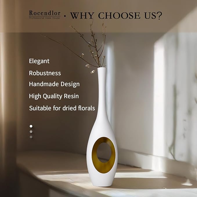 23.6 Inch White Vases – Modern Oval Floor Vase with Gold Cutouts & Slim Neck, Luxury Decorative Tall Vases for Living Room, Wedding, Office Decor – Resin Tall Floor Vase