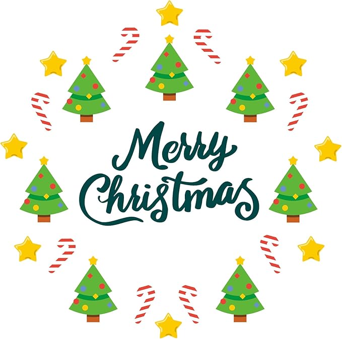 Merry Christmas Wall Decal, Festive Christmas Tree Wall Stickers with Candy Cane and Star Designs for Holiday Decor