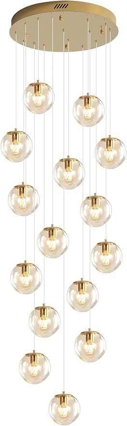 15-Light Gold Chandelier with Globe Glass Dimmable Ceiling Light Glass Pendant Light for Kitchen Island, Dining Room, Living Room, Entry Hallway, LED Bulbs Included