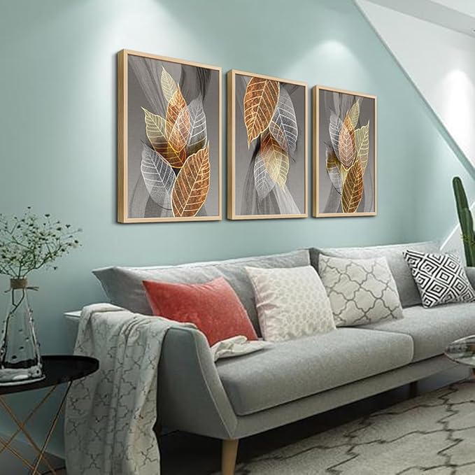 Natural Wood Framed Wall Art For Living Room Large Size Wall Decorations For Bedroom Office Wall Decor Abstract Leaves Painting Framed Wall Pictures Artwork Kitchen Home Decor of 3 Piece Art Prints