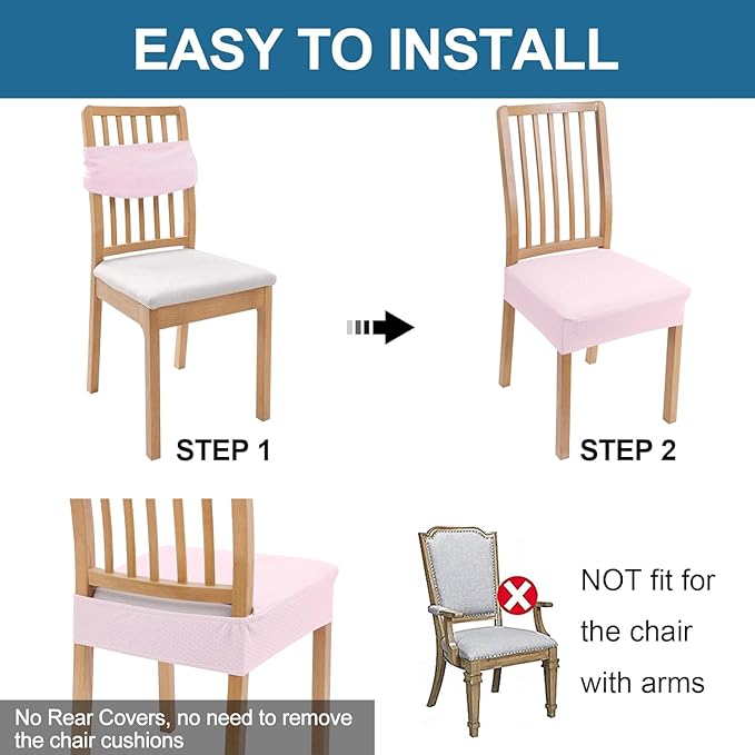 Smiry Waterproof Seat Covers for Dining Room Chairs Set of 8, Stretch Jacquard Removable Washable Chair Seat Slipcovers Protector, No Rear Covers, Pink