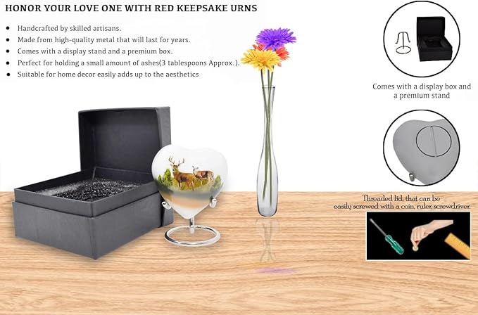 Bold & Divine Deer Print Design Urn | Mini Heart Cremation Urn with Stand & Premium Box | Honor Your Loved One with Urn Heart Shaped - Perfect for Adults & Infants