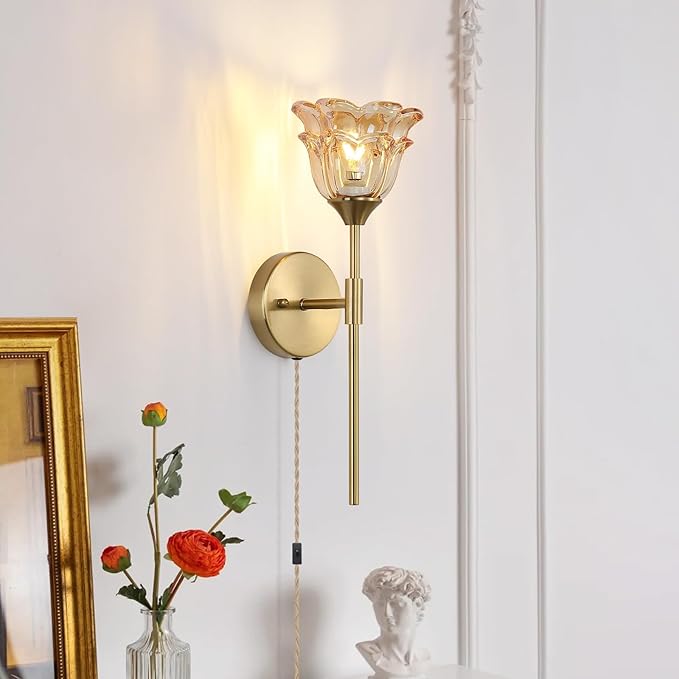 2 Pack Plug in Gold Wall Sconce with Modern Amber Glass Shades, Modern Mid Century Bathroom Vanity Wall Light Fixtures, Industrial Brushed Brass Wall Lamp, for Bedroom Mirror Living Room