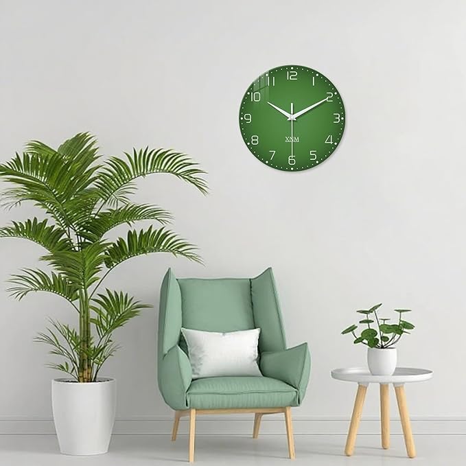 XNM Green Wall Clock for Bedroom Round Glass Wall Clocks Battery Operated 14 Inch Contemporary Analog Simple Wall Clock Silent