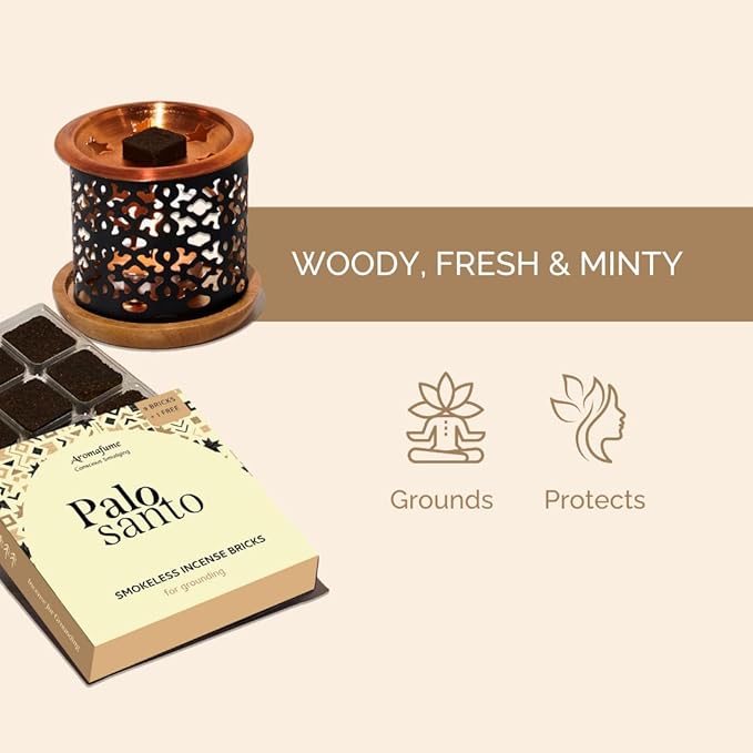 Aromafume Palo Santo Incense Bricks (2 Trays x 9 Pieces Each) with Snowflake Exotic Incense Diffuser | Ideal for deepened Spirituality, Meditation, Purification, Relaxation, Healing & Rituals