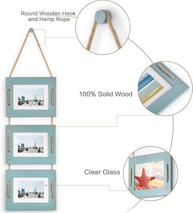 DLQuarts 5x7 Hanging Picture Frames Collage Wall Decor, Photo Frames 5x7 Without Mat & 3.5x5 with Mat, Rustic Wood 3-Frame, Ocean Blue, 2-Pack