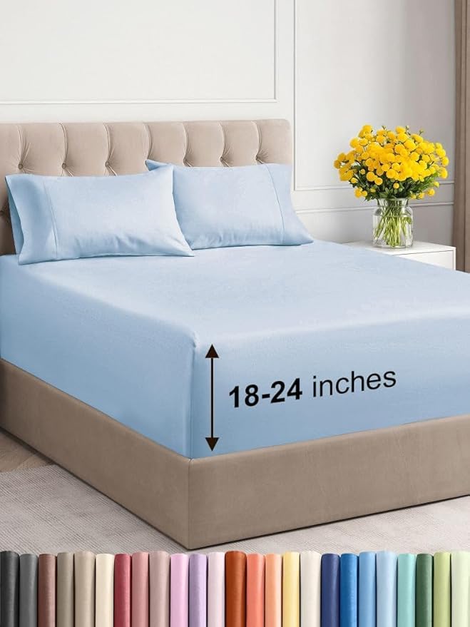Extra Deep Twin XL Sheet Set - 4 Piece Breathable & Cooling Sheets - Hotel Luxury Bed Sheets Set - Easy & Secure Fit - Soft, Wrinkle Free & Comfy Sheets Set - Sky Blue Sheet Set w/Extra Deep Pockets