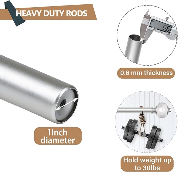KAMANINA 1 Inch Silver Double Curtain Rods for Windows 66 to 120 Inches (5.5-10 Feet), Adjustable Heavy Duty Drapery Rod, Telescoping Dual Curtain Rod with Marble Ends