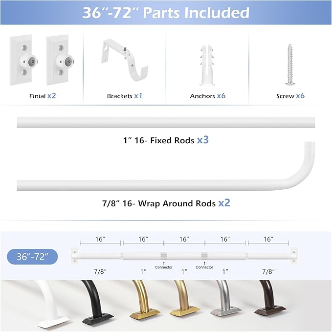 White Wrap Around Curtain Rods 36 to 72 Inch:Blackout Heavy Duty Adjustable Window Curtain Rod Room Darkening,1Inch Modern Industrial Curved French Return Metal Drapery Rods Easy Install,White