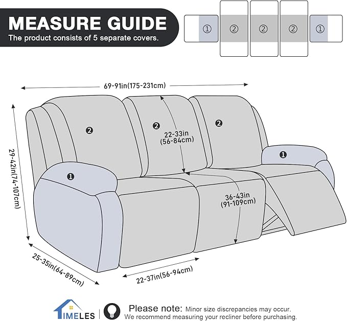 Timeles Recliner Covers for 3 Seater Reclining Sofa Slipcover Furniture Protector for Dogs and Pets Stretch Soft Washable (Three-Seater, Light Gray)