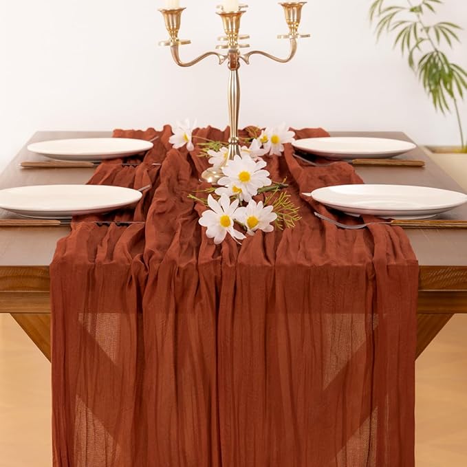 Socomi 15pcs Terracotta Fall Thanksgiving Cheesecloth Table Runner Boho Rustic Gauze 120 inch 10FT Cheese Cloth Runner for Wedding Party Baby Shower Birthday Home Decor Holiday Decorations