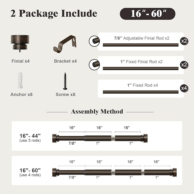 Oneach 2-Pack Heavy Duty Curtain Rods for Windows 28 to 48 Inch, 1 Inch Pole Adjustable Curtain Rod with Easy Installation and Modern Design (Antique Brown, 16 to 60 Inch)