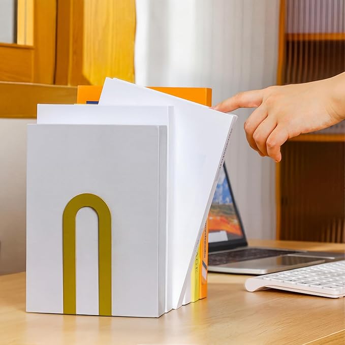 Chunful 6 Pcs Modern Metal Book Ends for Shelves Decorative Small Bookends Book Shelf Organizer Minimalist Design Stopper to Hold Books for Home Office (5.5 * 3.75 * 2.25inch,Gold)