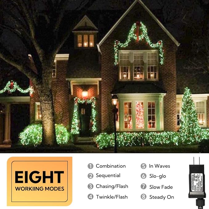 MYGOTO 33FT 100 LEDs Halloween Twinkle String Lights,Green Wire Waterproof Fairy Lights 8 Modes 30V Plug in Xmas Light for Home, Garden, Wedding, Party, Christmas Decoration Indoor Outdoor (Green)