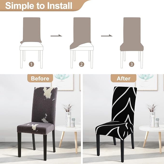 SearchI Dining Room Chair Covers Set of 6, Stretch Parsons Chair Slipcovers Super Fit Spandex Removable Washable Kitchen Chair Protector Cover for Dining Room, Hotel, Ceremony (Black)
