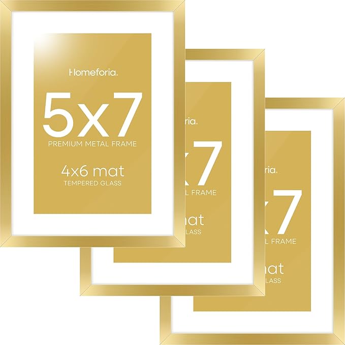 Homeforia 5x7 Picture Frame Gold, High End Metal 5 x 7 Gold Frames with Mat 4 x 6 for Print, 5by7 Desk Frame Matted to 4x6 inch Photo, 5 by 7 Wall or Tabletop Frame, Tempered Glass, Wall Kit, Set of 3