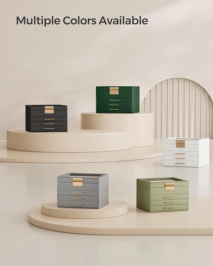 SONGMICS GISELLA Collection - Jewelry Box Organizer, 4-Layer Jewelry Storage with 3 Drawers, Shiny Metal Hardware, Glass Lid, Modern, 8 x 9.1 x 6.5 Inches, Avocado Green and Gold Color UJBC173C02