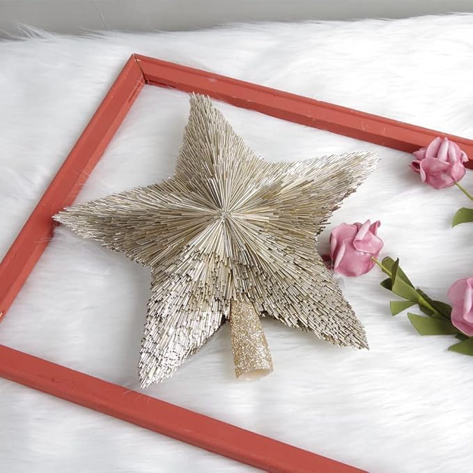 Luxury Mini Christmas Tree Star Handmade Gold Topper Xmas Tree Decoration Unique Christmas Toppers Decorations Ornaments for Christmas Party Indoor Outdoor (Champagne, 6 inches)