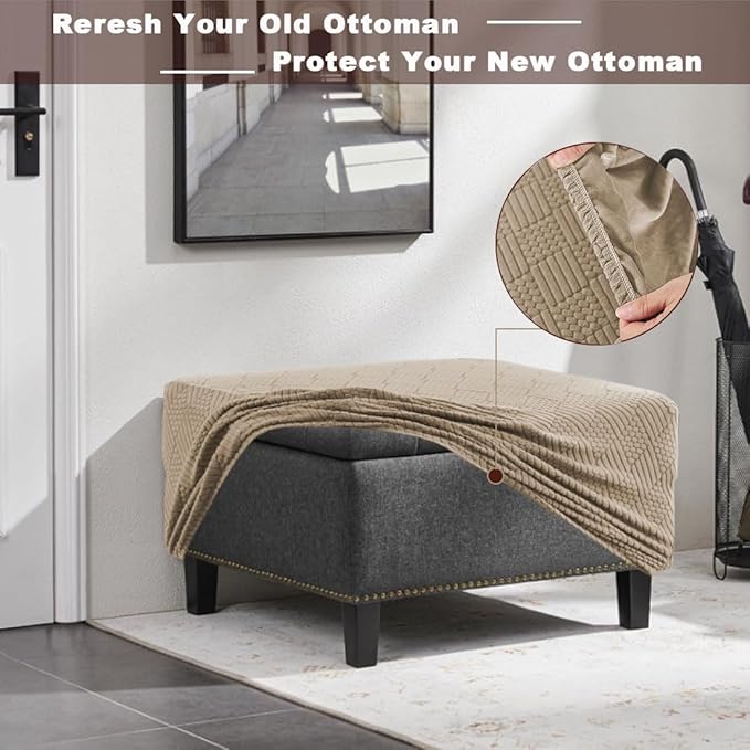Square Ottoman Cover Large Stretch Storage Ottoman Bench Covers Slipcovers Cube Jacquard Covers for Square Ottomans Coffee Table Footrest Stool Cover with Elastic Bottom M Khaki