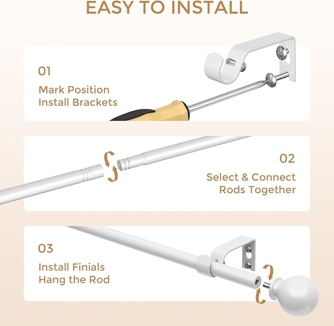 White Curtain Rods 48 to 84 Inches(4-7 Feet),5/8 inch Splicing Drapery Rods,Small Curtain Rods Set,Size: 36''-88'', White