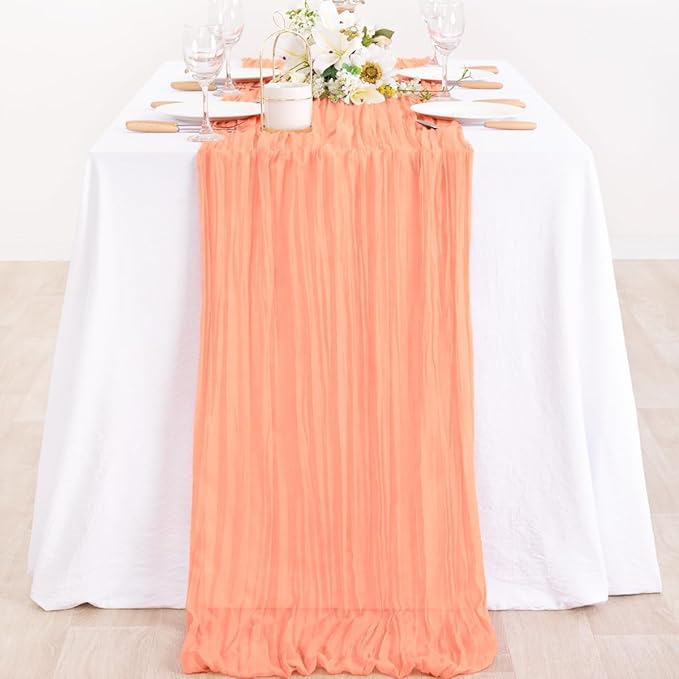 MLMC Peach Pink Cheesecloth Valentines Table Runner 10ft Sheer Gauze Coral Cheese Cloth Table Runner Spring Dinning Decoration 35x120 Inches for Easter Wedding Bridal Baby Shower Party Decor