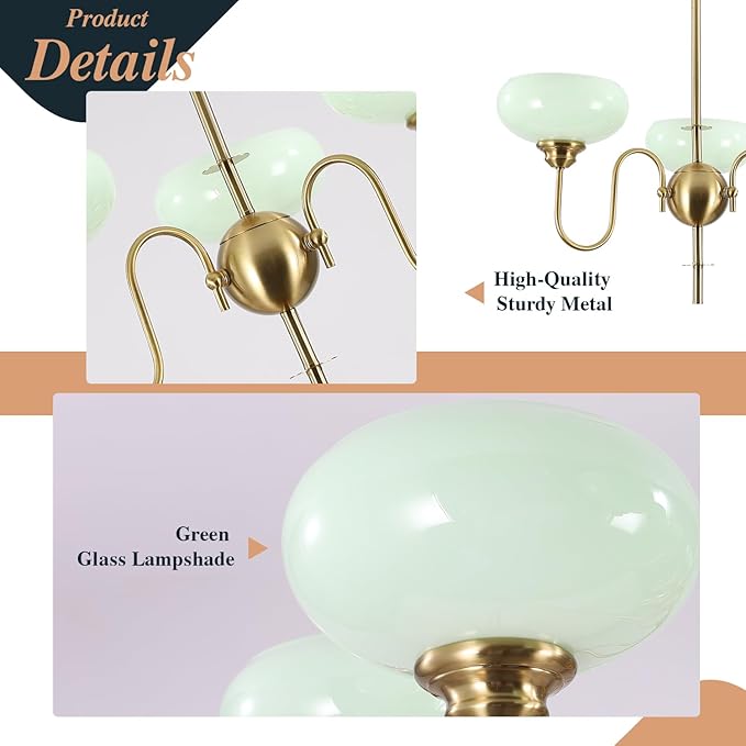 BOKT Green 3-Light Sputnik Chandelier Mid Century Modern Pendant Light Fixture with Glass Globe Lampshade Brass High Ceiling Chandelier Gold Pendant Ceiling Light for Living Room Island Farmhouse
