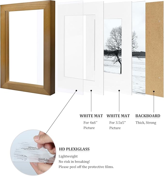 Egofine 4x6 Frames Set of 4, Made of Solid Wood Covered by Plexiglass 3x4.5 and 3.5x5 with Mat or 4x6 without Mat, for Table Top Display and Wall Mounting Photo Frame, Light Brown
