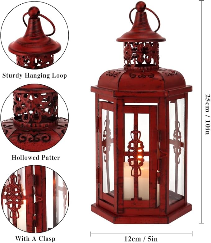 JHY DESIGN Decorative Candle Lantern 10“H Vintage Hanging Lantern Metal Candleholder for Indoor Outdoor Events Parities and Weddings (Red with Black Brush)