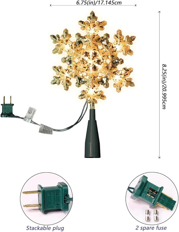 LAMPHOME 8.25" 10L Lighted Gold Snowflake Tree Topper，Glittering Snowflake Christmas Tree Topper, Warm White