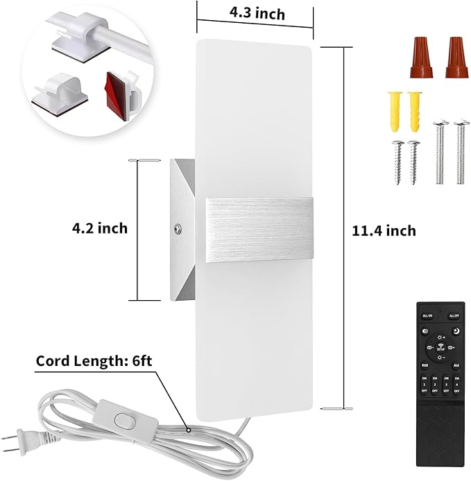Plug in Wall Sconces with Stepless Adjustable 3000K-6500K Colors and 10%-100% Brightness, Sconces Wall Lighting with Remote Control 12W Acrylic LED Wall Lamp with 6FT Plug in Cord, 2 Pack
